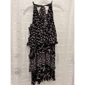White House Black Market Floral Tiered Ruffle Dress Halter Black Pink Size 8